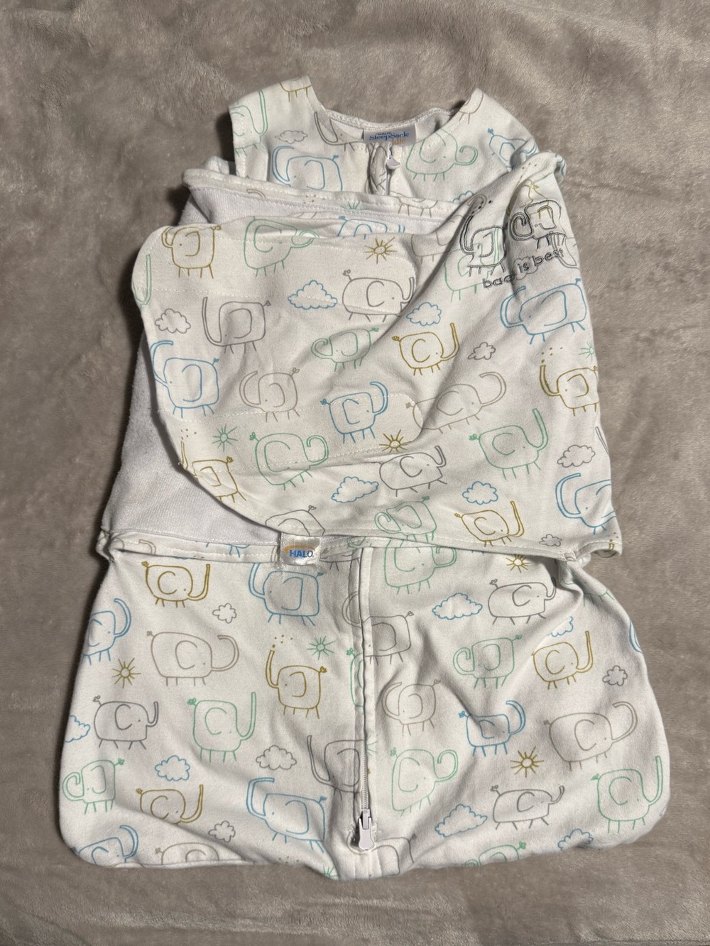 HALO Baby Sleepsack in White with Blue, Green & Gold Elephant Print